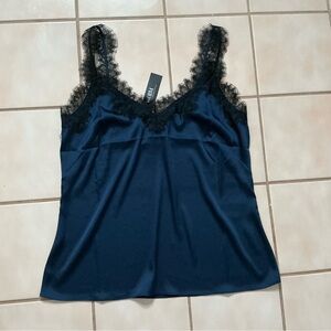 White House Black Market Navy Blue Lace Trim Cami Top Sz Small NWT! Officer Blue